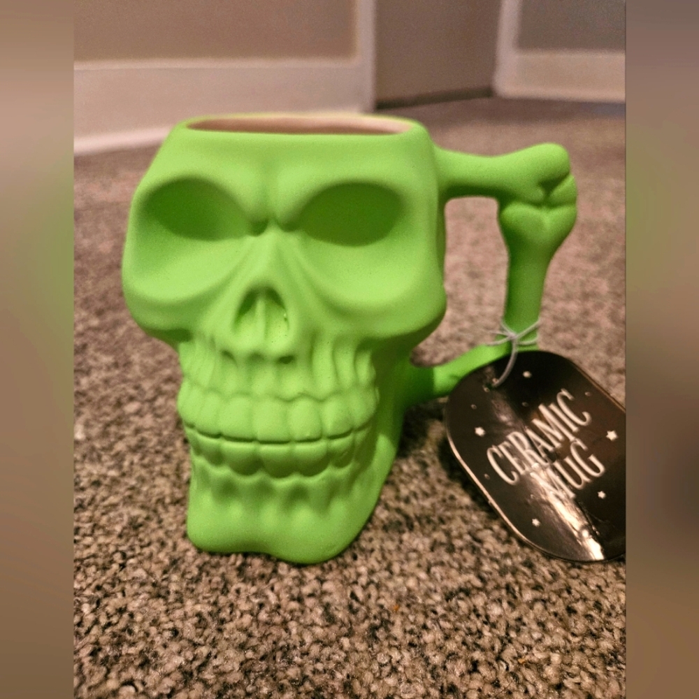 Bright Neon Green SKULL Mug Halloween Spooky Soft Touch